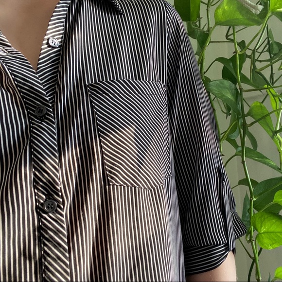 Vintage Tops - Vintage: Black & White Striped Button Down Blouse